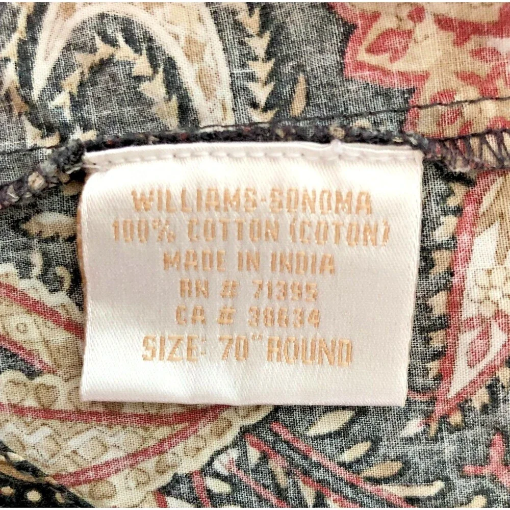 Williams Sonoma Tablecloth Round 70 in Black Brown Paisley Cotton India Boho